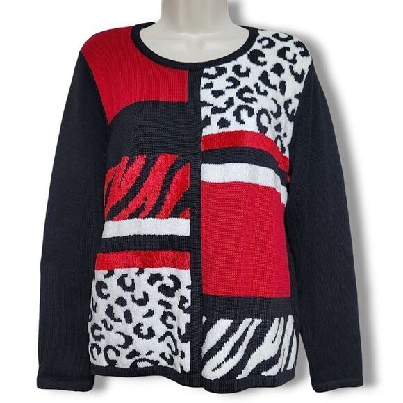 Alfred Dunner Leopard Zebra Animal Print Black & Red Scoop Neck Holiday Sweater - Picture 1 of 10